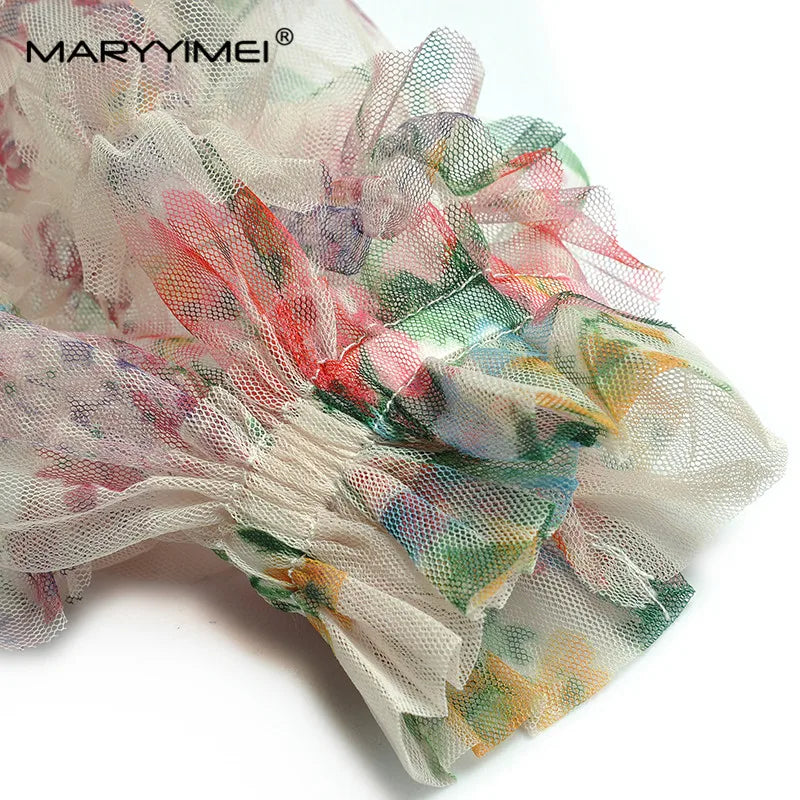 Evening wear Dresses: Women's dress Lantern Sleeve Mesh Print Cascading