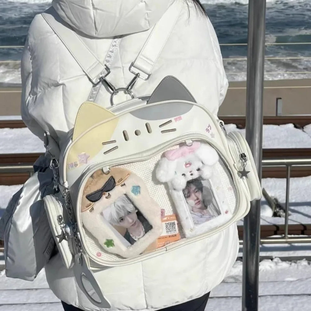 Y2K Korean Kawaii Cat Lolita Bag Cute PU Shoulder Bag Girls Transparent Pocket Harajuku Crossbody Bag Women's Fashion Backpacks