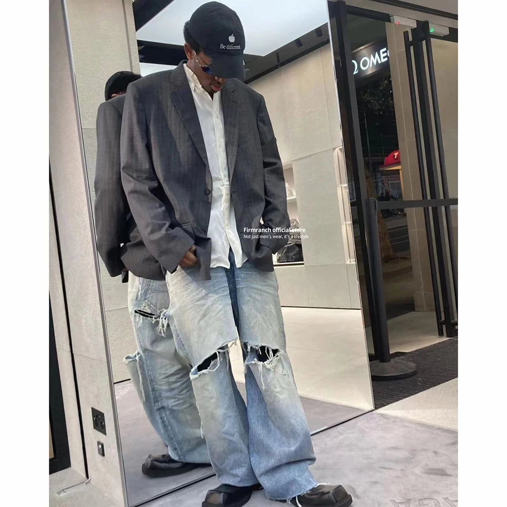Blue Baggy Jeans For Men Women Big Hole Ripped Mopping Flared Denim Pants