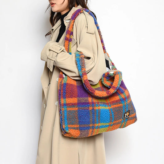 Women Lamb Wool Fluffy Handbag Large Capacity Plush Shoulder Bag Plaid