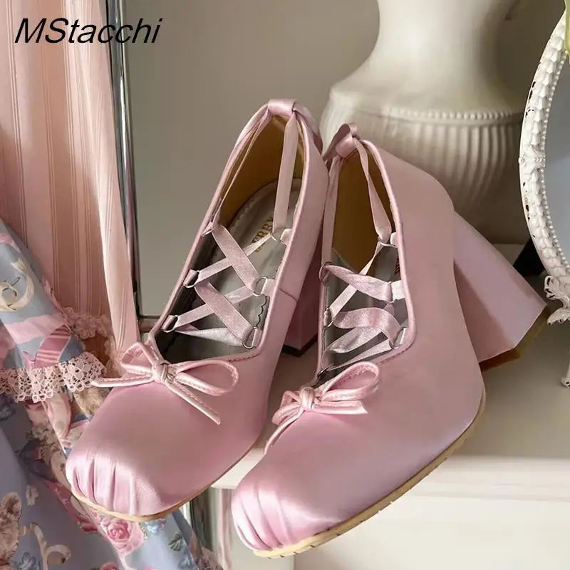 Pink Silk Cross-strap Ballet Shoes Sweet Girl Square Toe High Heels Women Pumps Elegant Ladies Bowknot Lace Up Lolita Shoes New