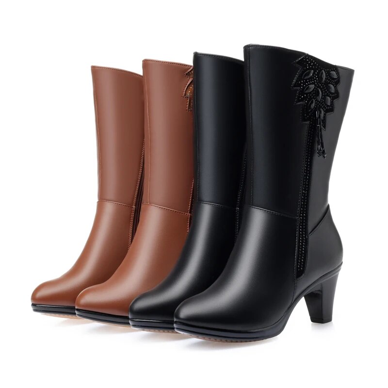Women Winter Boots Cow Leather Long Winter Boots High Heel Wool