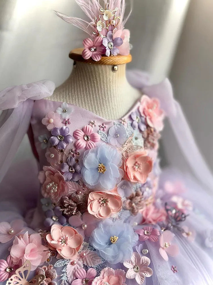 New flower girl wedding net gauze one year old birthday party dress 2024 big bow girl gorgeous graduation evening dress