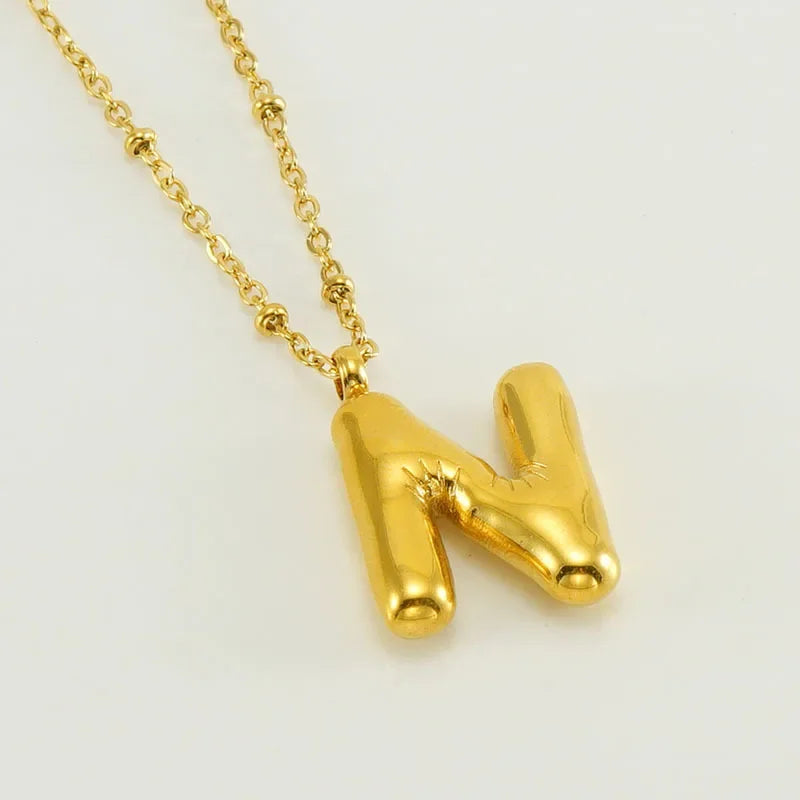 Vintage Stainless Steel Balloon Bubble Chunky Letter Necklace for Women 18K Gold