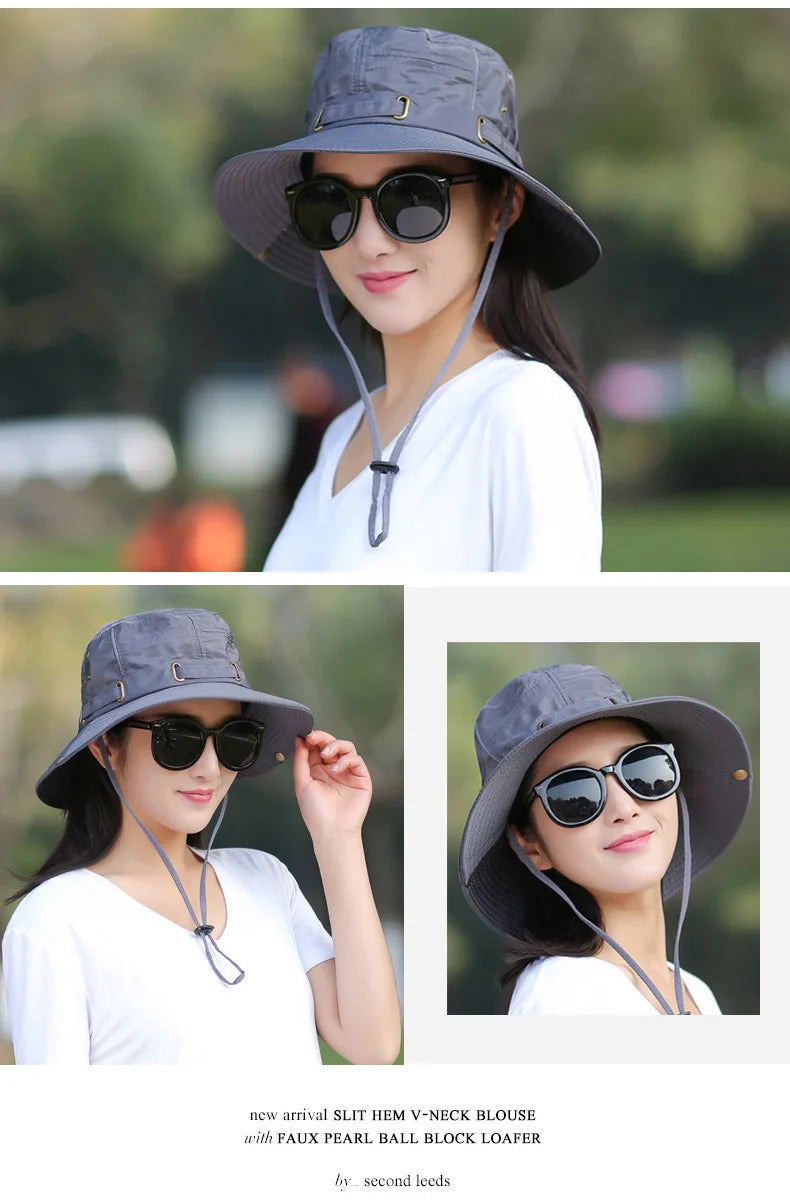 Unisex Summer Sunscreen Wide Brim Bucket Hats Women UV Protection Waterproof