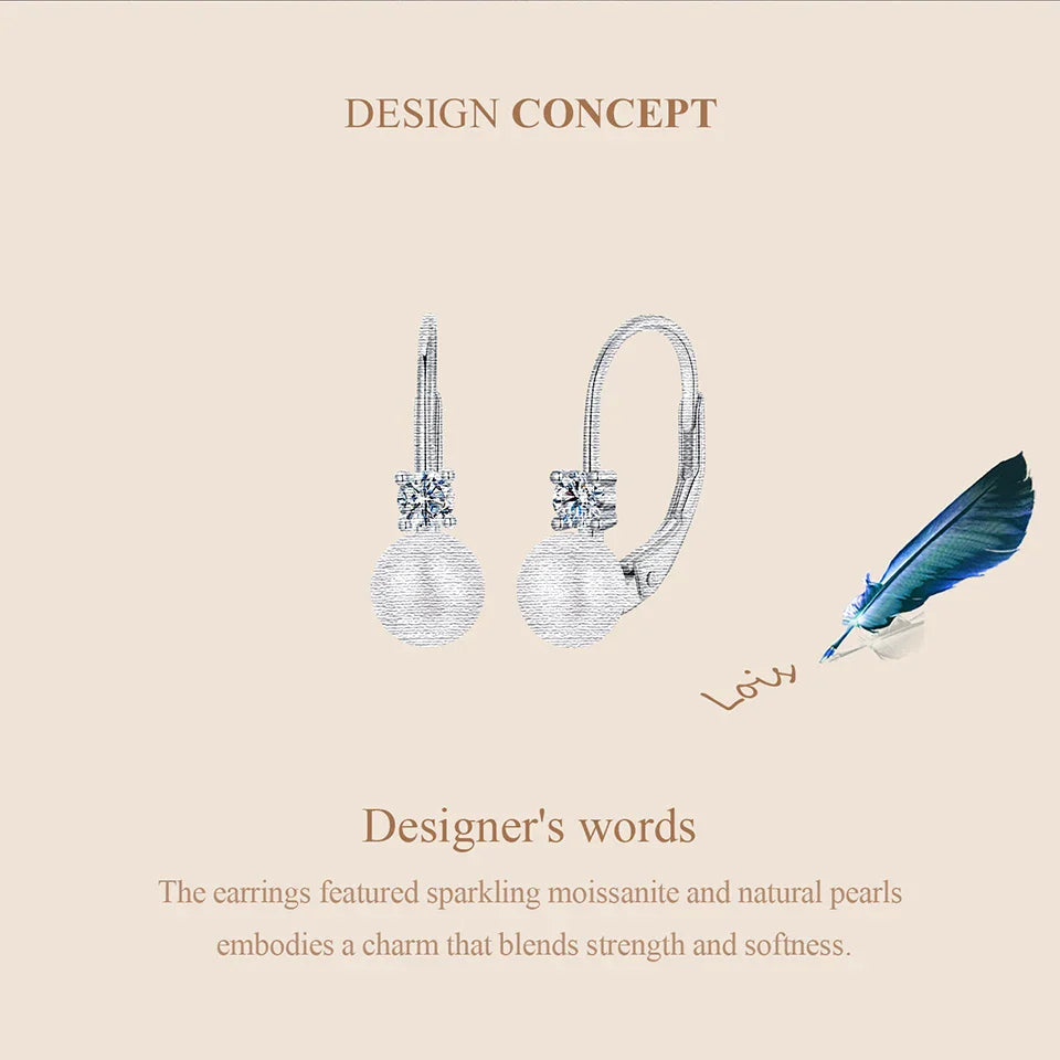 BAMOER Moissanite Freshwater Pearl Earrings for Women Wedding, Round Cut Lab Diamond 925 Sterling Silver Drop Dangle Ear Buckles