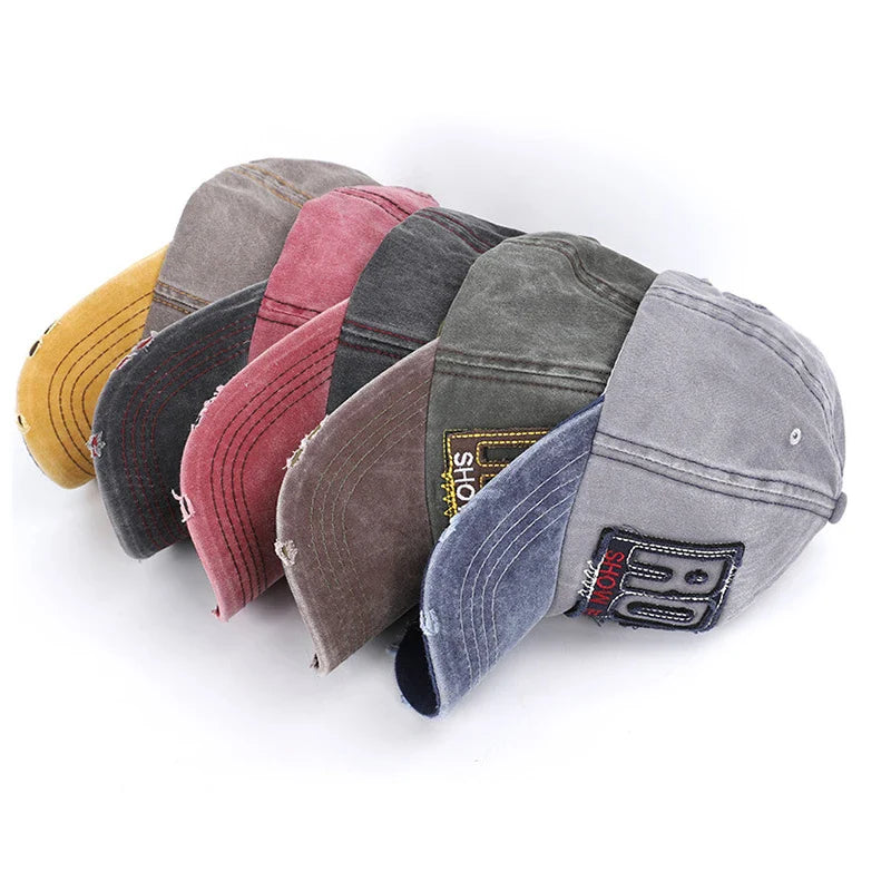 ROCK Letters Embroidered Patch Ripped Brushed Washed Distressed Design Style Unisex Cotton Adjustable Baseball Cap