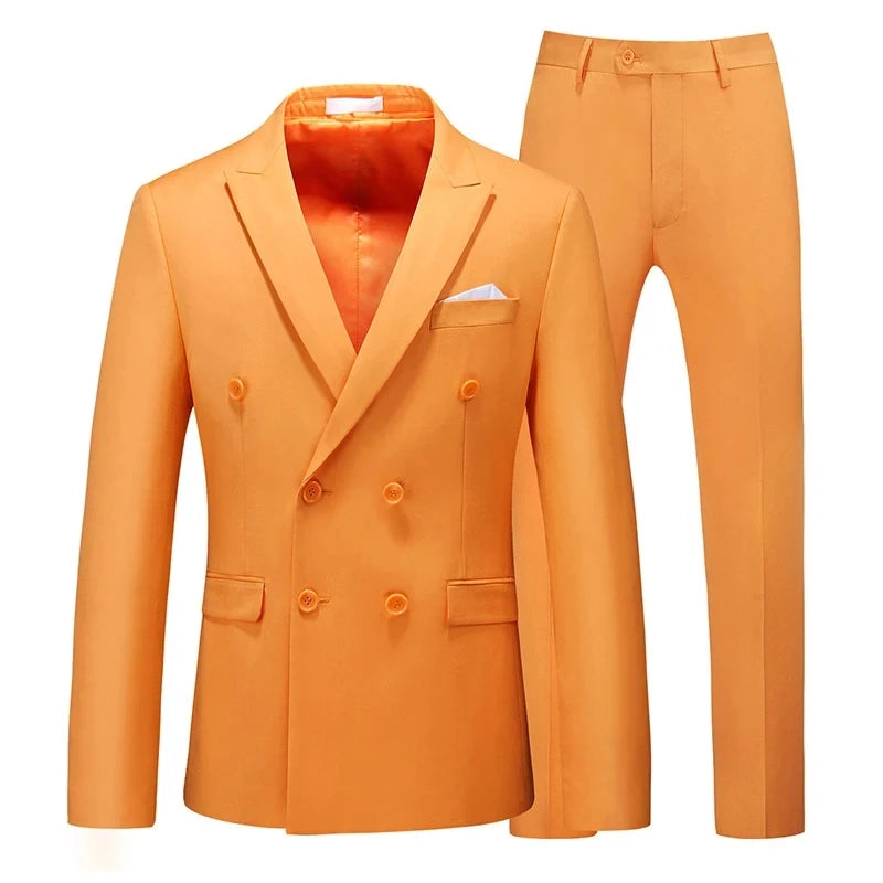 Men's Casual Boutique Business Double Breasted Suit Coat 2 Piece Set / Male Solid Color Slim Fit Blazers Jacket Pants Trousers