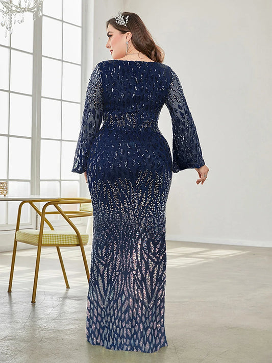 Plus Size Elegant Sequin Blue Evening Dress Women Formal Maxi