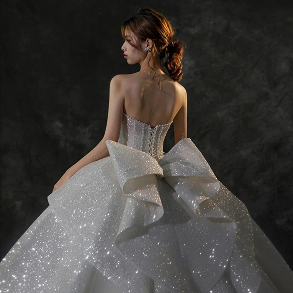 White Bridesmaid Dresses: Neck Lace Up Back Super Shiny Ball Gown Wedding Dress
