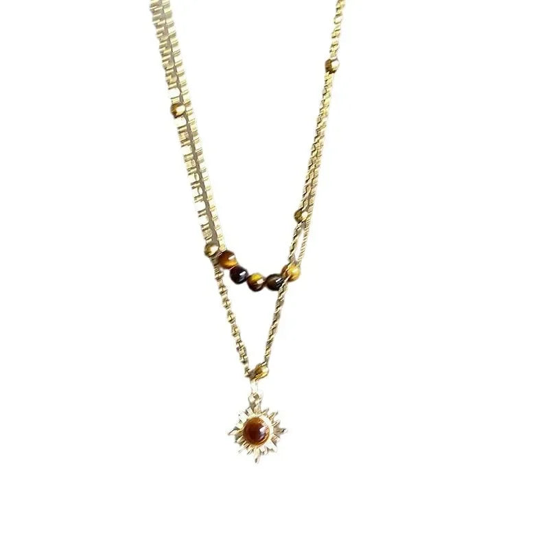 Vintage Leather Brown Stone Pendant Necklace Women's Retro Stacking Choker Temperament Clavicle Chain Hip Hop Jewelry Accessory