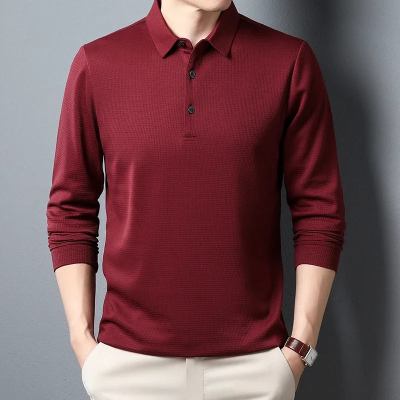 New Men's Business Fashion Casual Long Sleeved Shirt Solid Color Polo Shirt Fashionable Breathable Comfortable Versatile Top