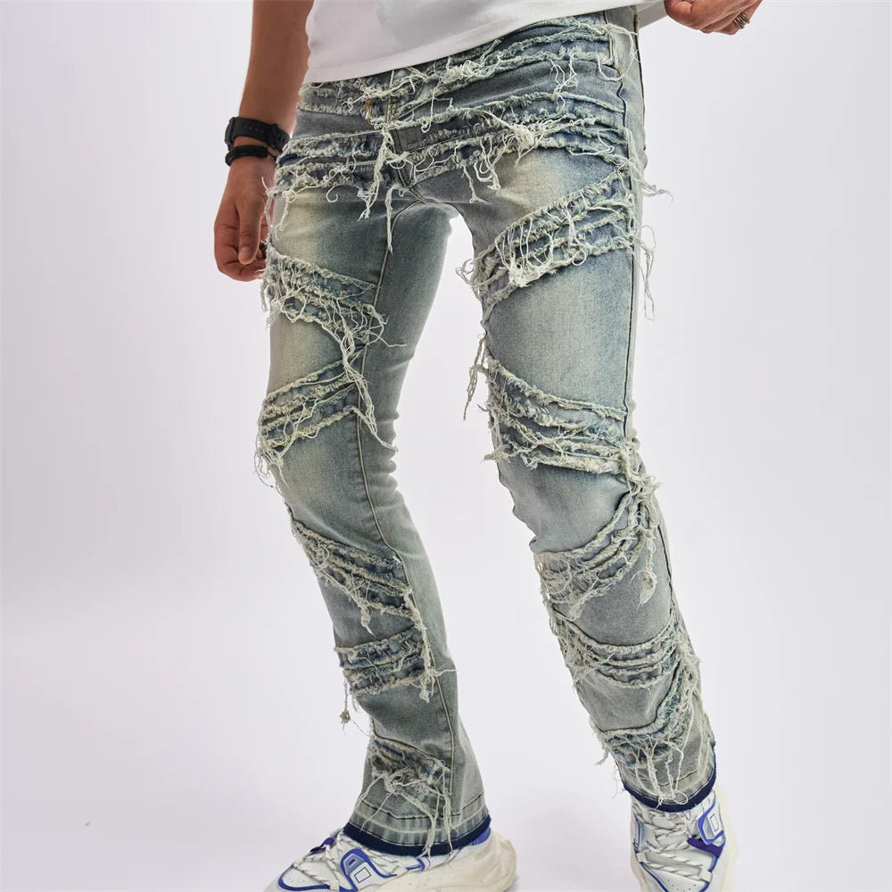 Men Vintage Stylish Loose Ripped Patch Jeans Pants Streetwear Male Solid Casual