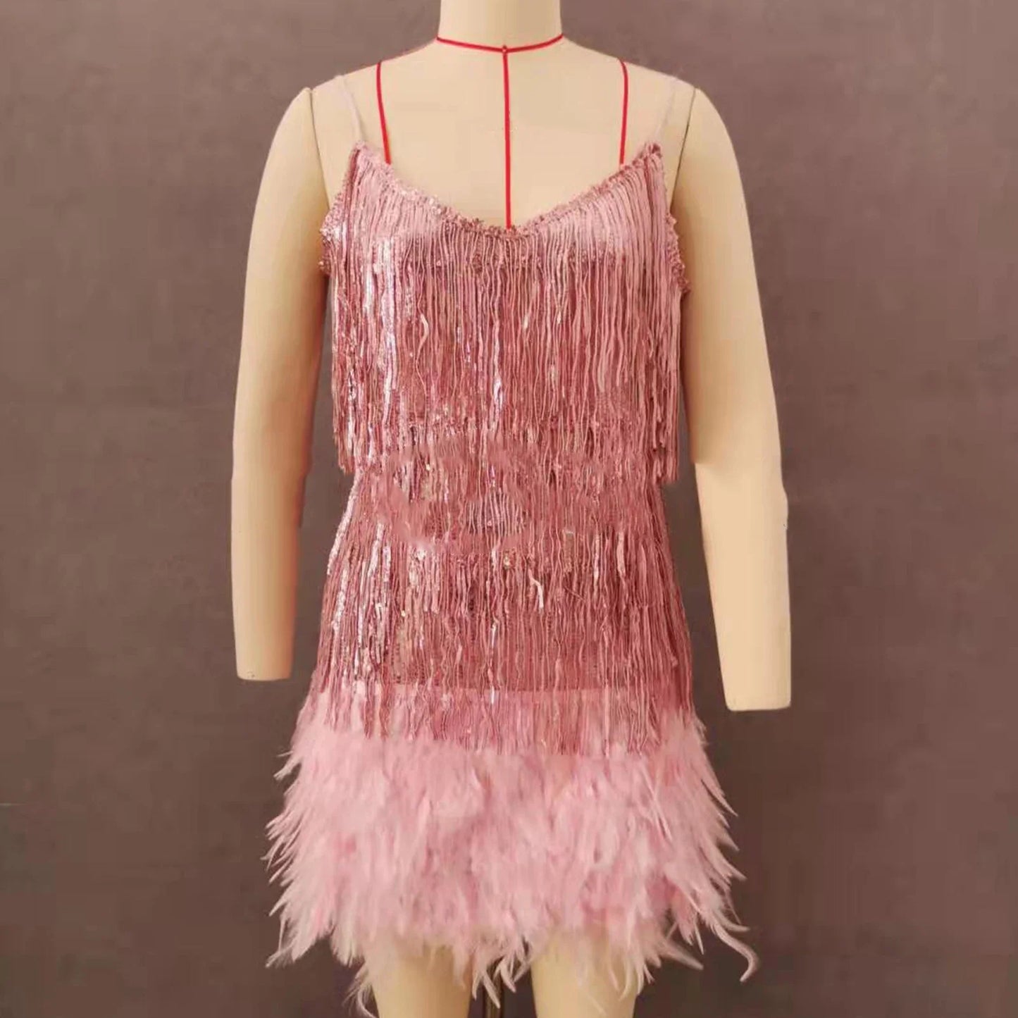 Chic  Elegant Dress Stretchy Tassel Sequins Decor Sexy Bodycon Mini Dress Pure Colors Above Knee Summer Dress Club Wear