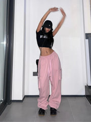 Y2K Pink Cargo Pants Women Kpop Style Streetwear Wide Leg Sweatpants