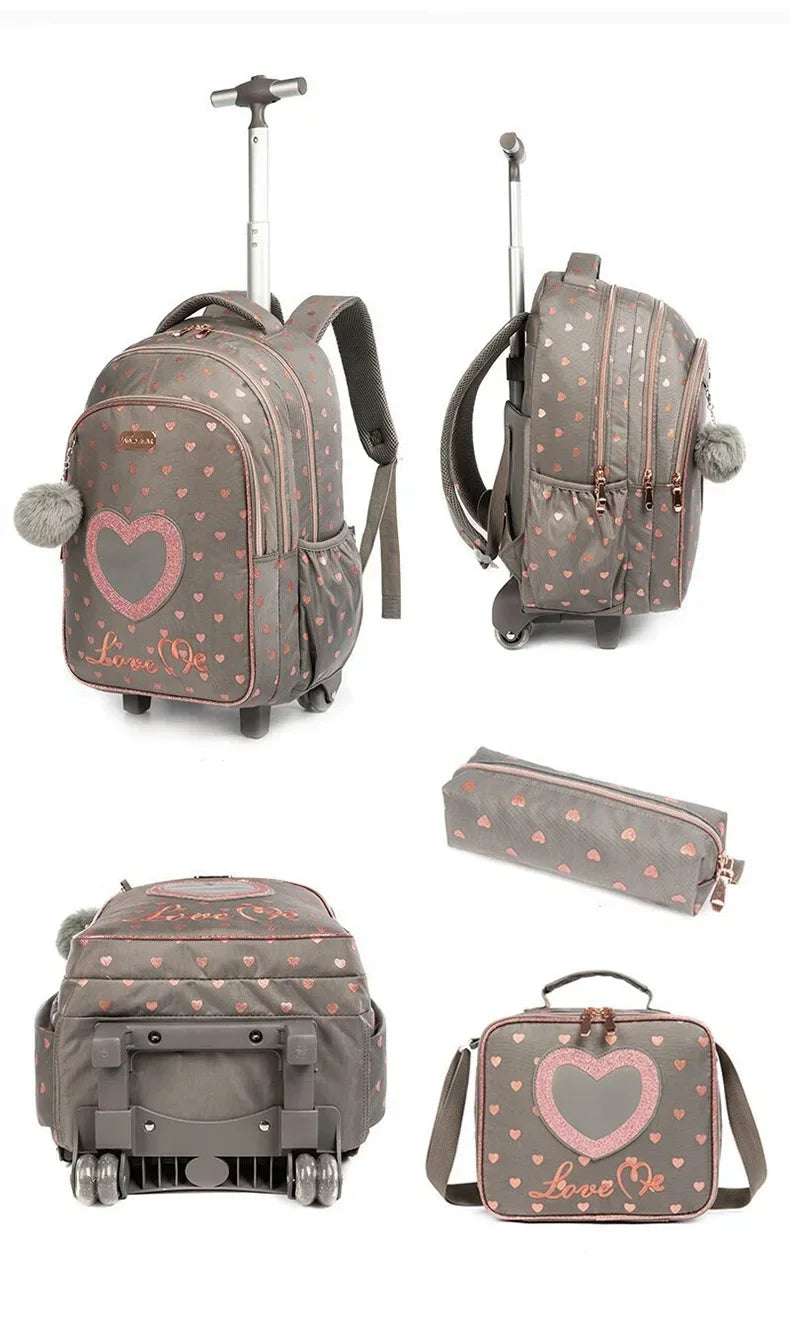 Children's Wheeled Backpack Bag Set with Lunch Box School Rolling Backpack Bag with Wheels School Trolley Backpack Bag for Girls