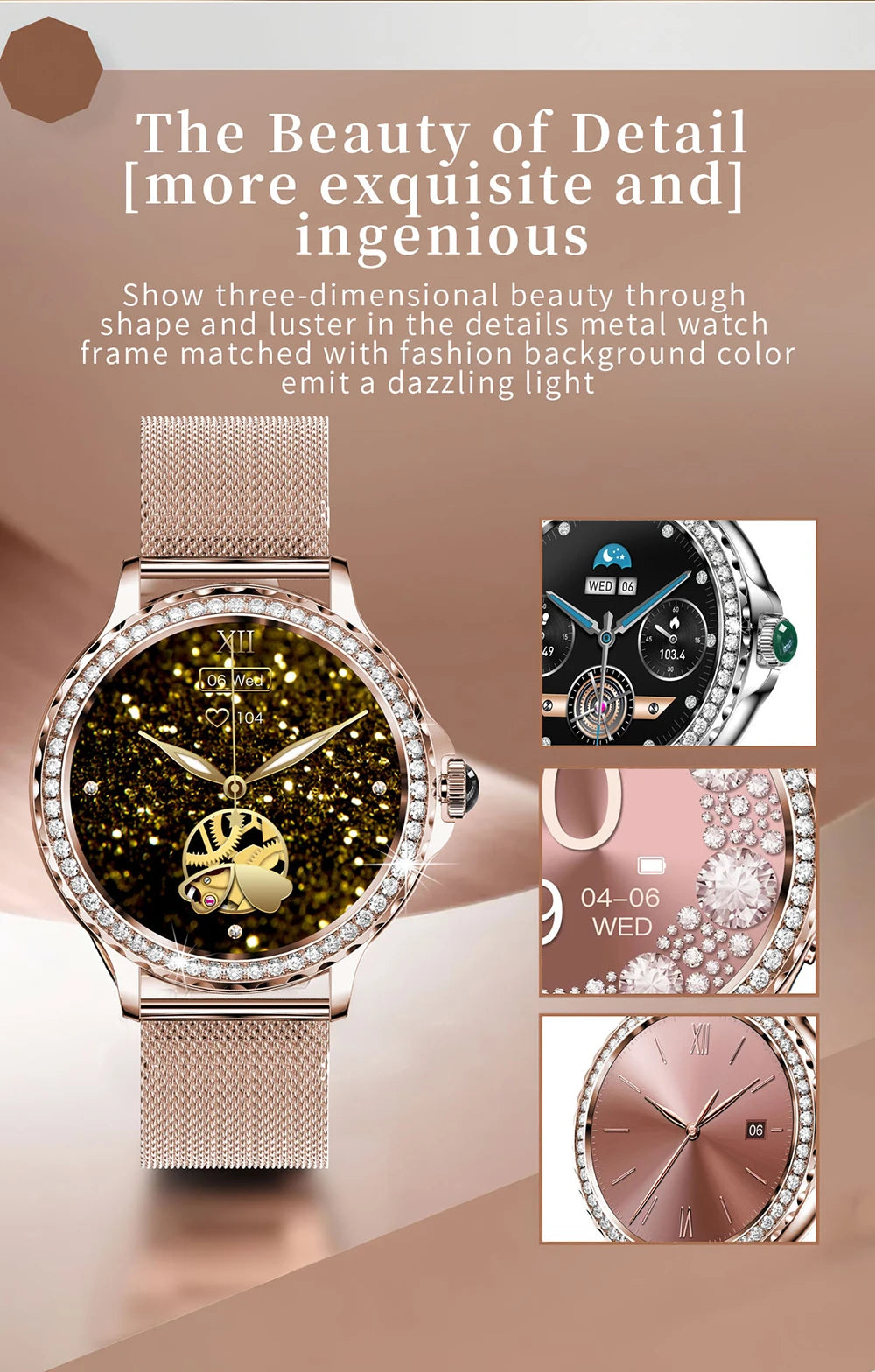 MEVADEN Rose Gold Smart Watch Bluetooth Call Lady 100+ Sports Mode Fitness Health Monitor Women Smartwatch for IOS Android NX19