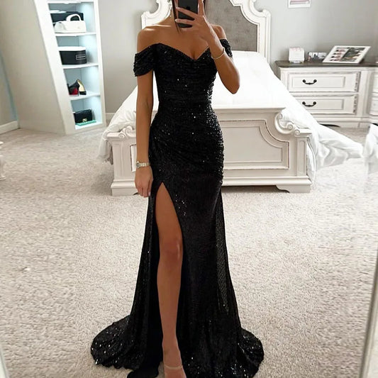 Women Slash Neck High Split Gown Evening Dress Sequins Sharkly Slim Hips Long Dress