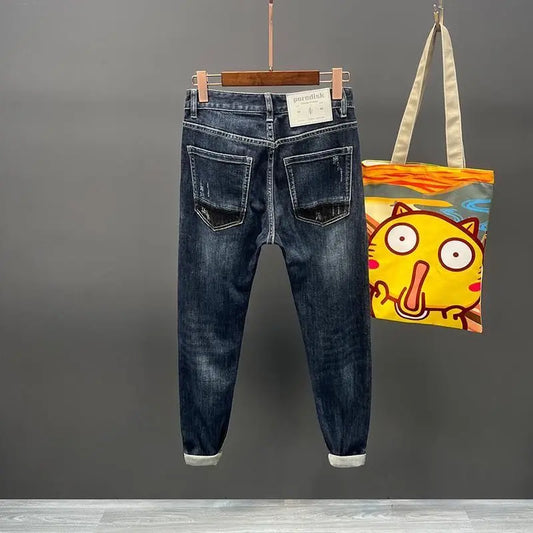 Trousers with Holes Men's Jeans Ripped Torn Man Cowboy Pants Elastic Spliced