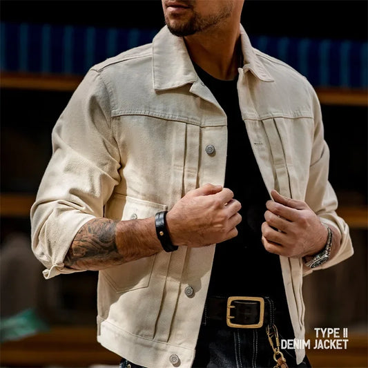 Retro Jeans Jacket Men Amekaji Denim Coat Cotton 100% Slim Fit Outwear Fashion