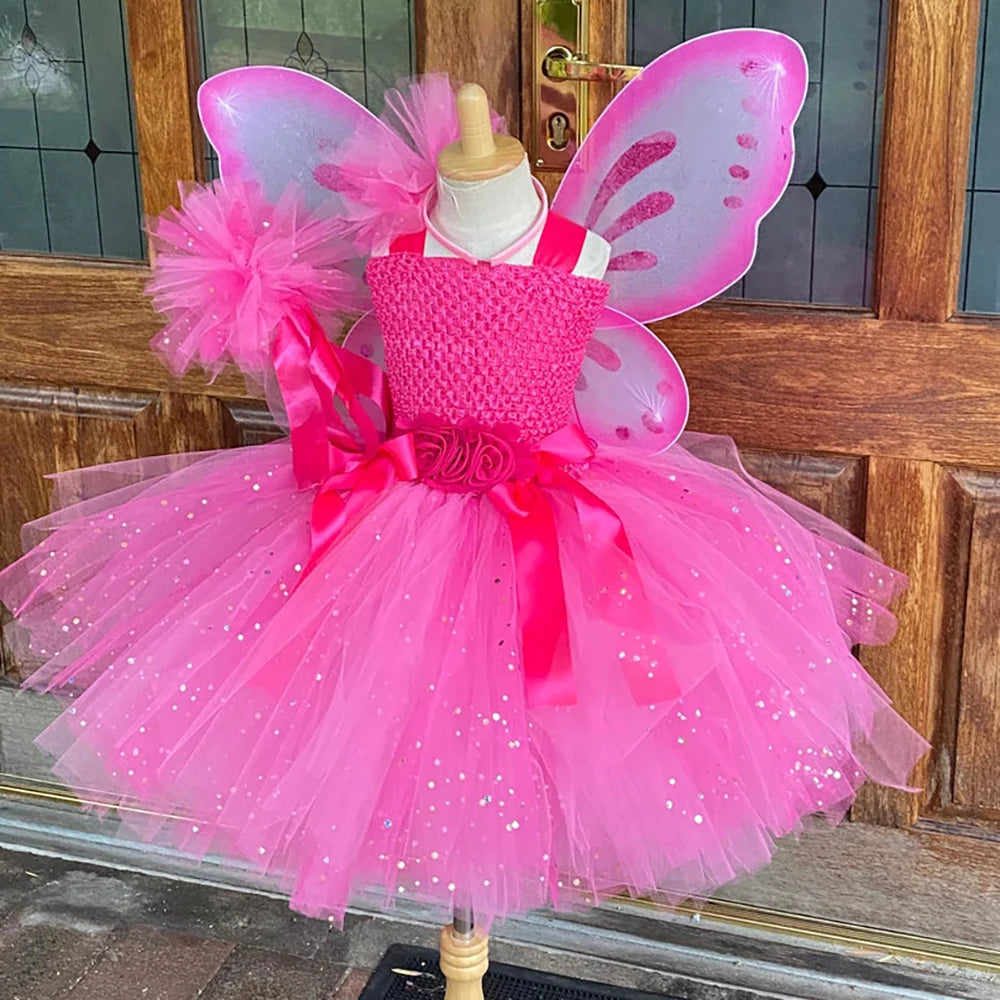 Girls Pink Glitter Tulle Dress Kids Butterfly Fairy Tutu Dresses with Wing