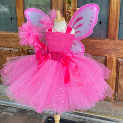 Girls Pink Glitter Tulle Dress Kids Butterfly Fairy Tutu Dresses with Wing