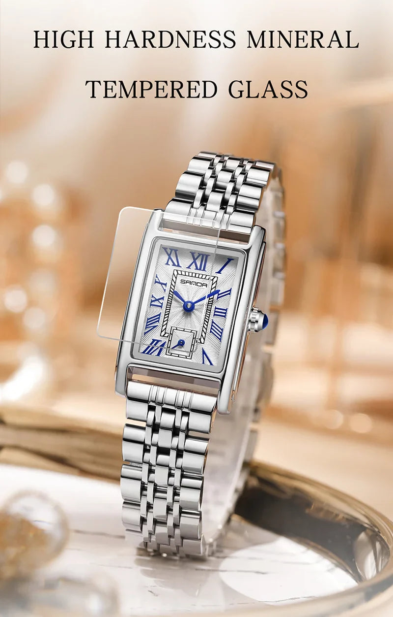 SANDA 1116 Quartz Watch Women Elegant Design Watches Rectangle Dial Waterproof Steel Leather Business Ladies Wristwatches Gift