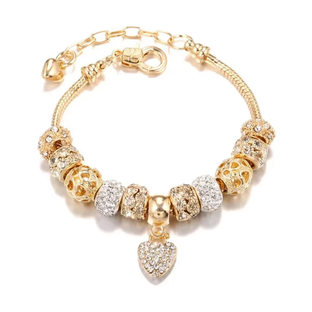 2024 New Crystal Heart Beads Charm Bracelets Gold Color Snake Chain Brand Bracelets for Women Lover Valentine's Day Jewelry Gift