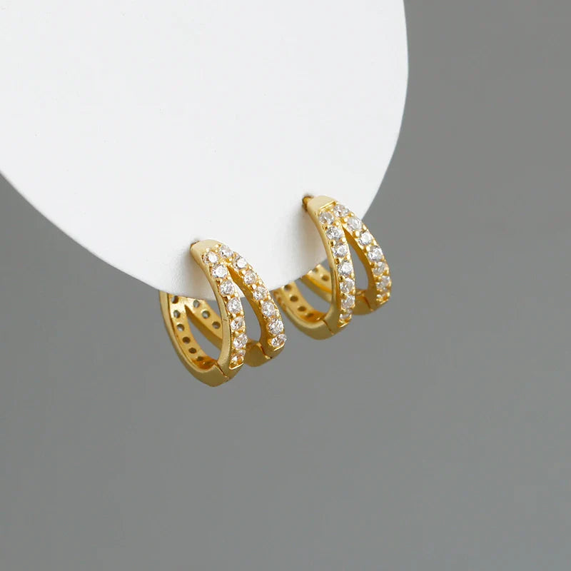 WANTME 925 Sterling Silver Fashion Luxury Shiny Double Layer Zircon Huggies Hoop Earrings for Women Plated 18k Gold Fine Jewelry