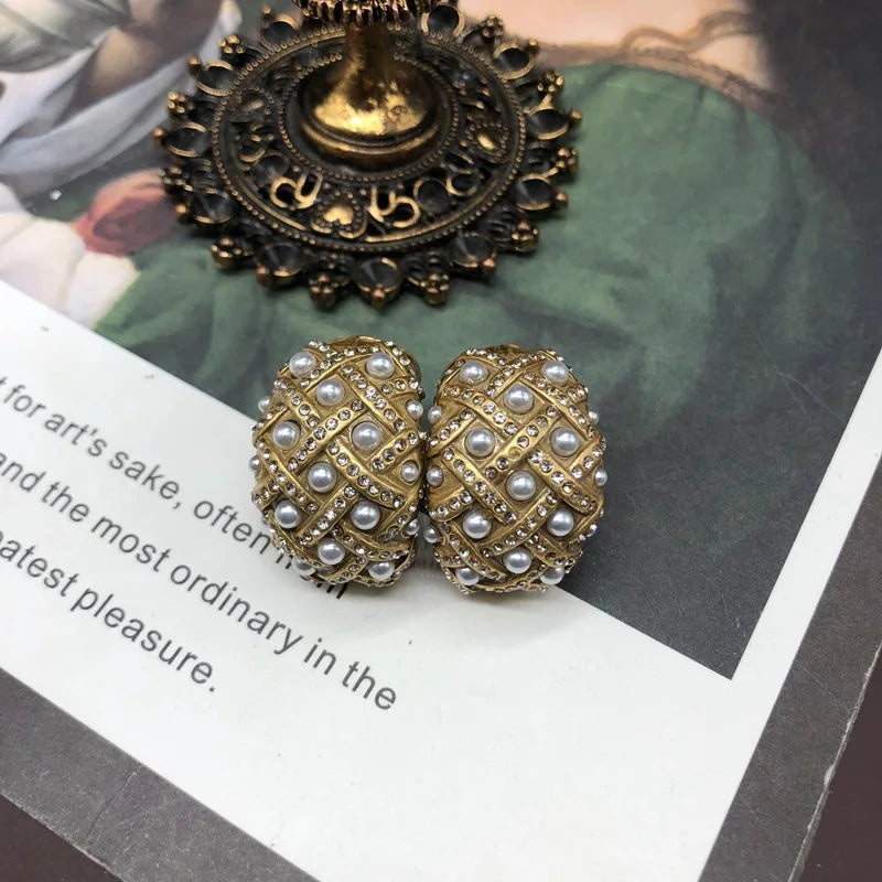 NISHIZAWA Pearls Stud Earrings for Women Inlaid Rhinestones Palace Style Elegant Jewelry Geometric Hyperbole Aretes De Mujer