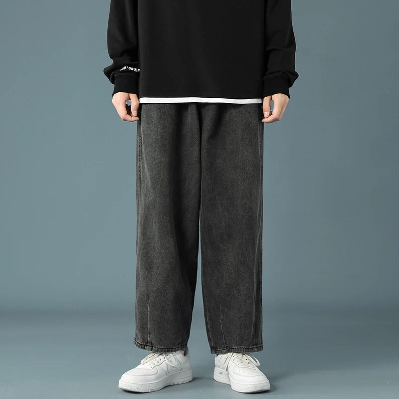 Men's Baggy Denim Wide Leg Pants Korean Style Elastic Waist Stylish Harem Fit Jeans