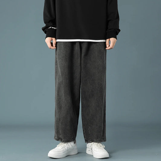 Men's Baggy Denim Wide Leg Pants Korean Style Elastic Waist Stylish Harem Fit Jeans