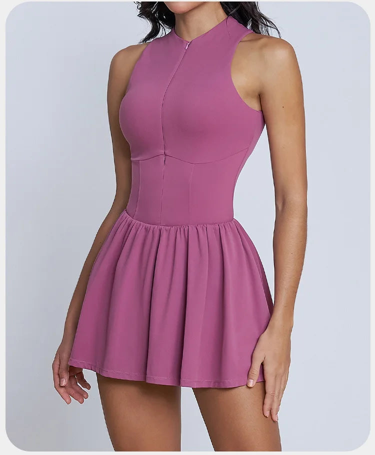 BIANHUI Women's Summer Sundress Fake Two-Piece Stand Collar Dress Running Anti-Exposure Base Layer A Flared Tennis Skirt