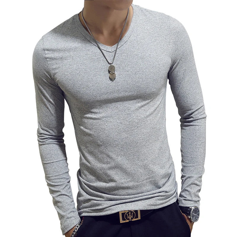 White Solid Color Basic Slim Men T-shirt Spring Autumn Bottoming Shirt Men Round Neck V-neck Casual Tops Long-sleeve Shirts