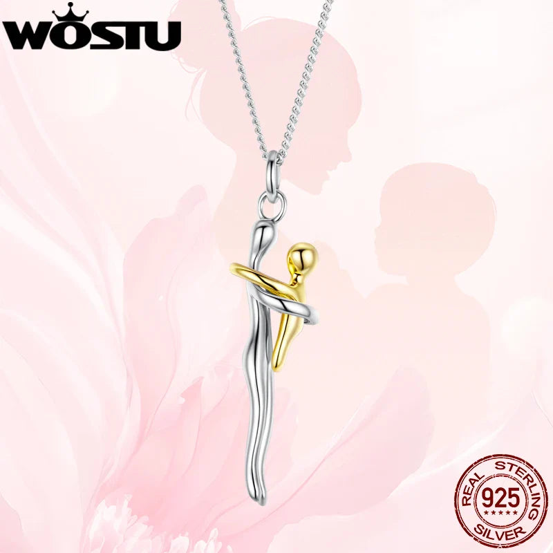 WOSTU Real 925 Sterling Silver Hug Embrace Pendant Necklace Silver Gold Two-tone Mom & Child Pendant Family Gift  Mom Jewelry