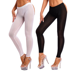 Womens Low Waist Leggings Open Butt Stretchy Leggings Solid Color Cut Out Elastic