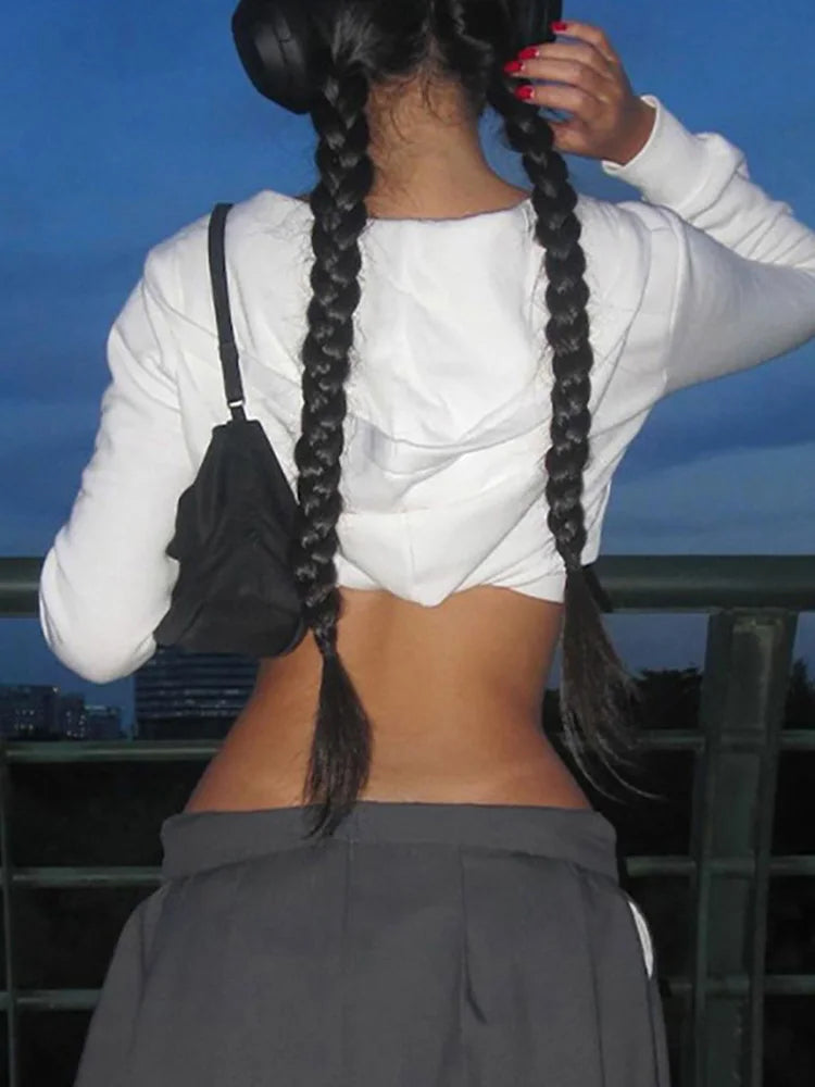 Y2K Aesthetic Vintage Basic Zip Up White Cropped Hoodies 2000s