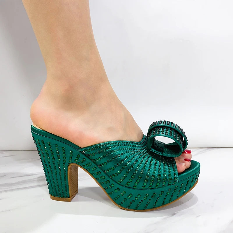 2024 Nigerian Green Color Women's Party High Heel Shoes Full Diamond Design Fashion Summer Sandals Wedding Ladies Shoes