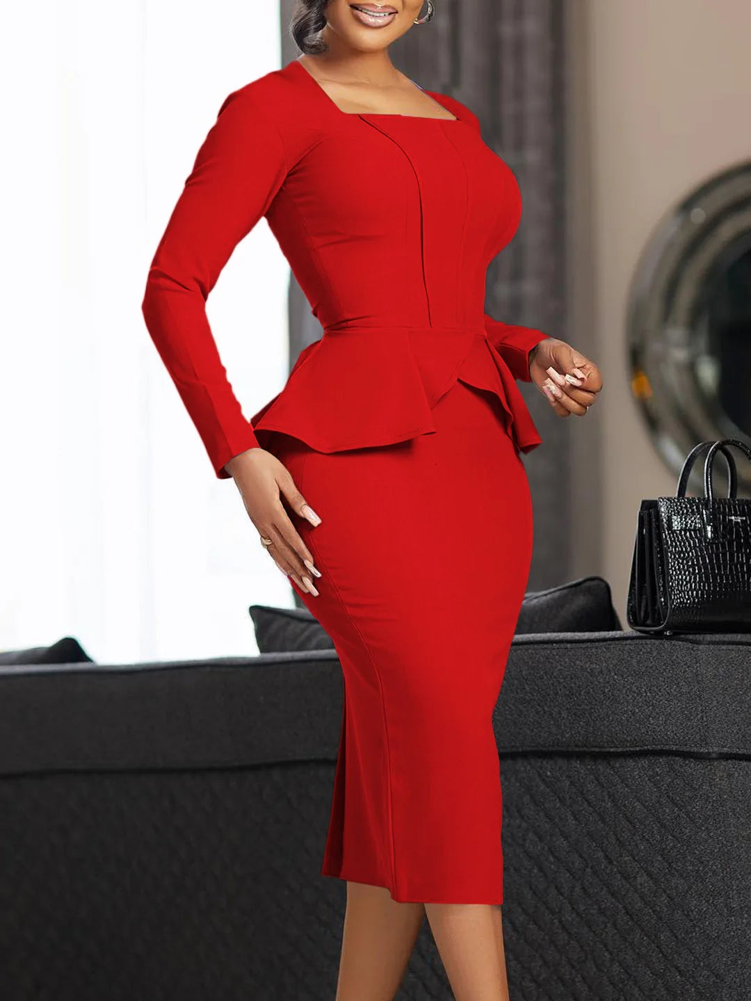 Plus Size Autumn And Winter New Long Sleeved Fashionable Commuting Temperament Elegant Ruffled Square Neckline Pencil Dress