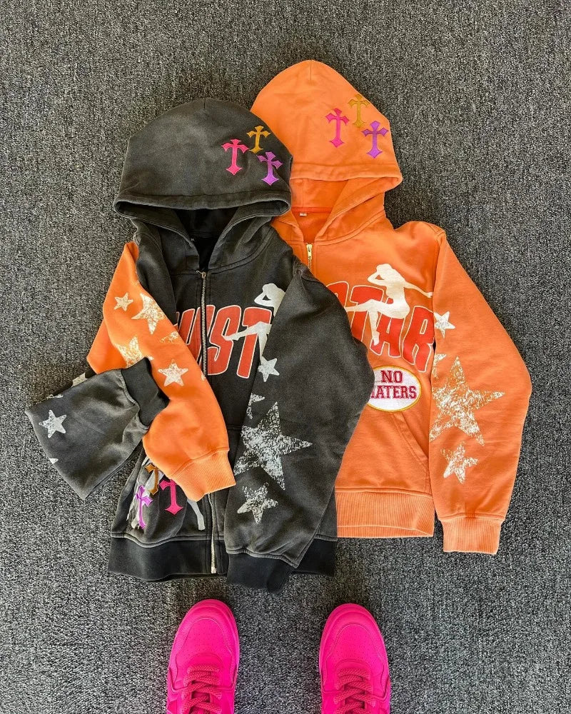 American vintage letter star print hoodie Men Y2K Goth Harajuku fashion street zipper