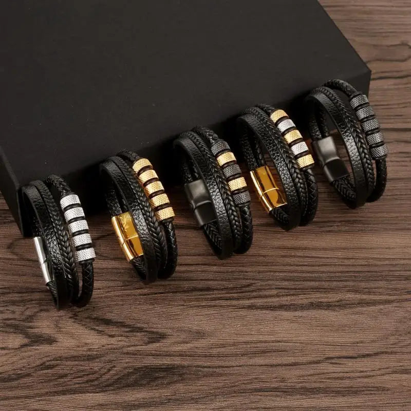 Punk Men Leather Bracelet with Stainless Steel Magnetic Clasp Braided Mutilayer Leather Wrapping Bangles Man Jewelry Gift