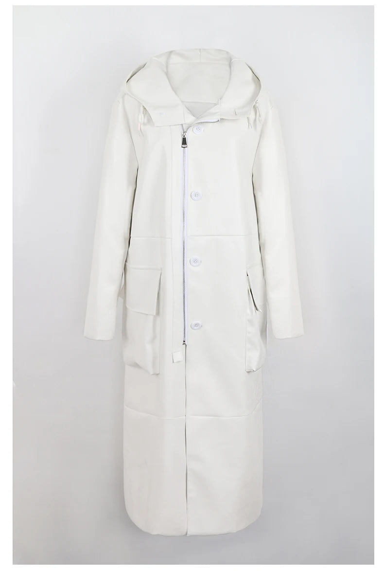 Long Black Loose Waterproof Windproof Soft Pu Leather Trench Coats