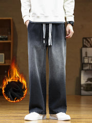 Men's Jeans Thicken Velvet Warm Denim Pants Wide-Leg Straight Thermal Fleece