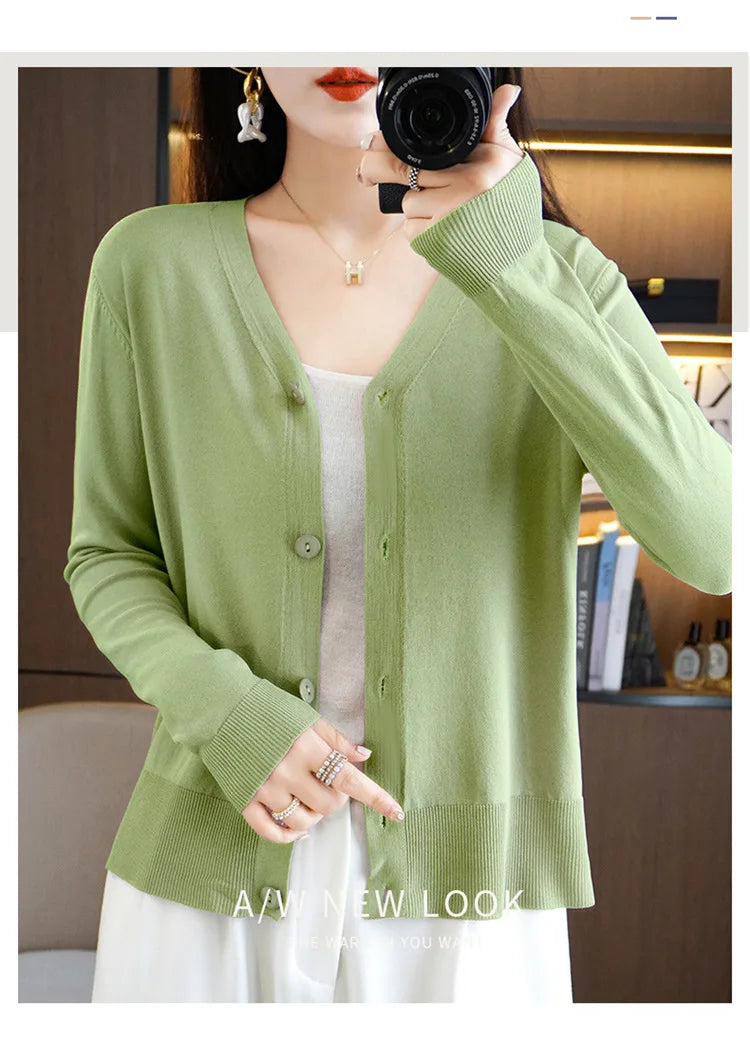 Summer Korean Version Thin Solid V-Neck Ice Silk Knitted Long Sleeve