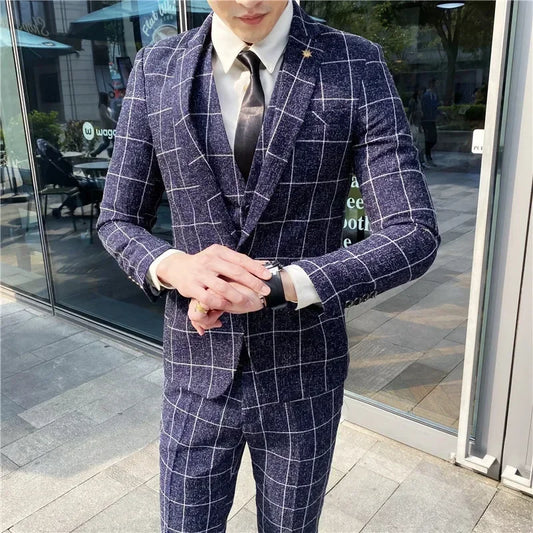 Men's Leisure Boutique Business Plaid Slim Suit 3 Pcs Set / Male Linen Striped Dress Blazers Jacket Pants Vest