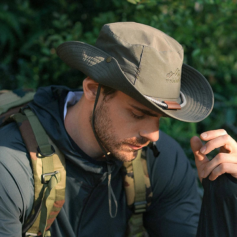 Men Bucket Hat Letter Embroidery Leather Label Cowboy Hat Waterproof Outdoor