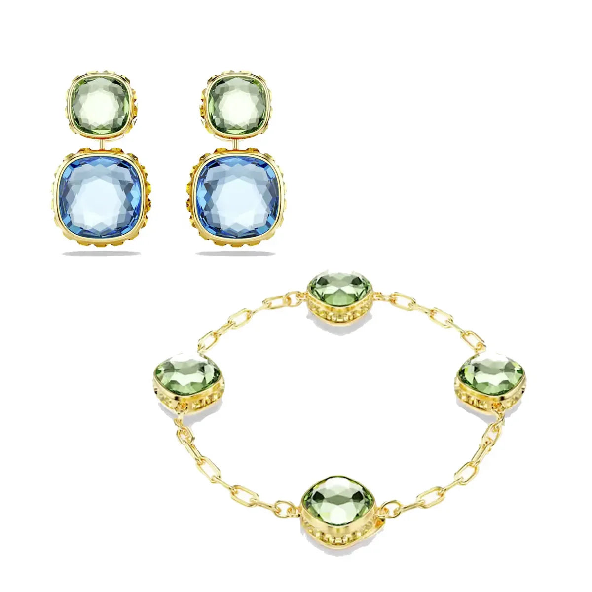 Original 2025 Fine Jewelry Set for Women Green Crystal Pink Crystal Geometric Bracelet Octagonal Cut Crystal Romantic Gift