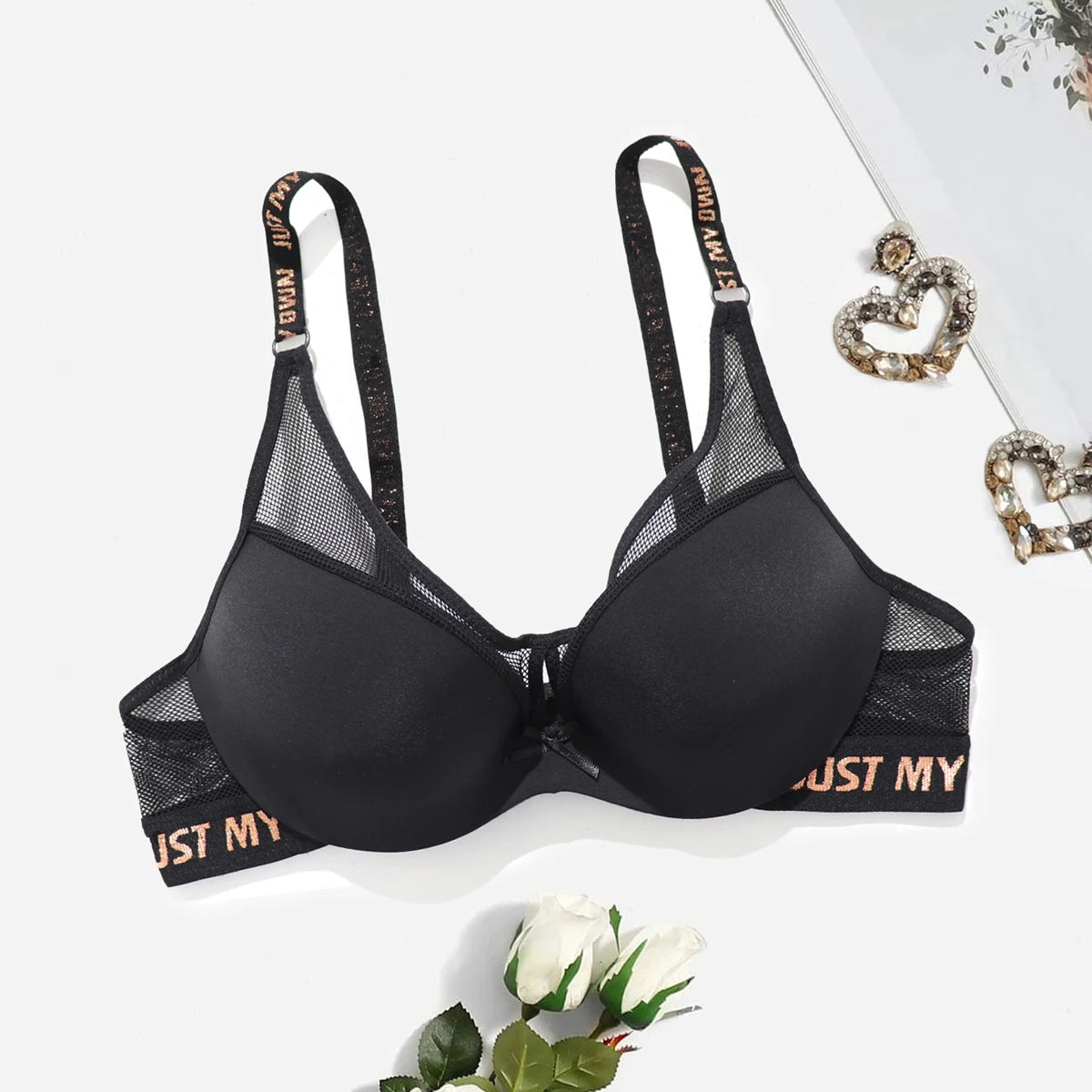 Thick Pad Push Up Bra with wire for Small Chest Women Letter Print Mesh Underwear