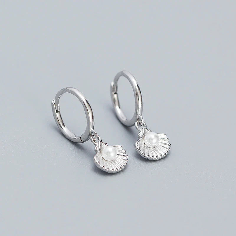 WANTME 925 Sterling Silver Romantic Sea Shell Pendant Synthetic Pearl Drop Earrings for Women Trendy Beach Bohemian Part Jewelry