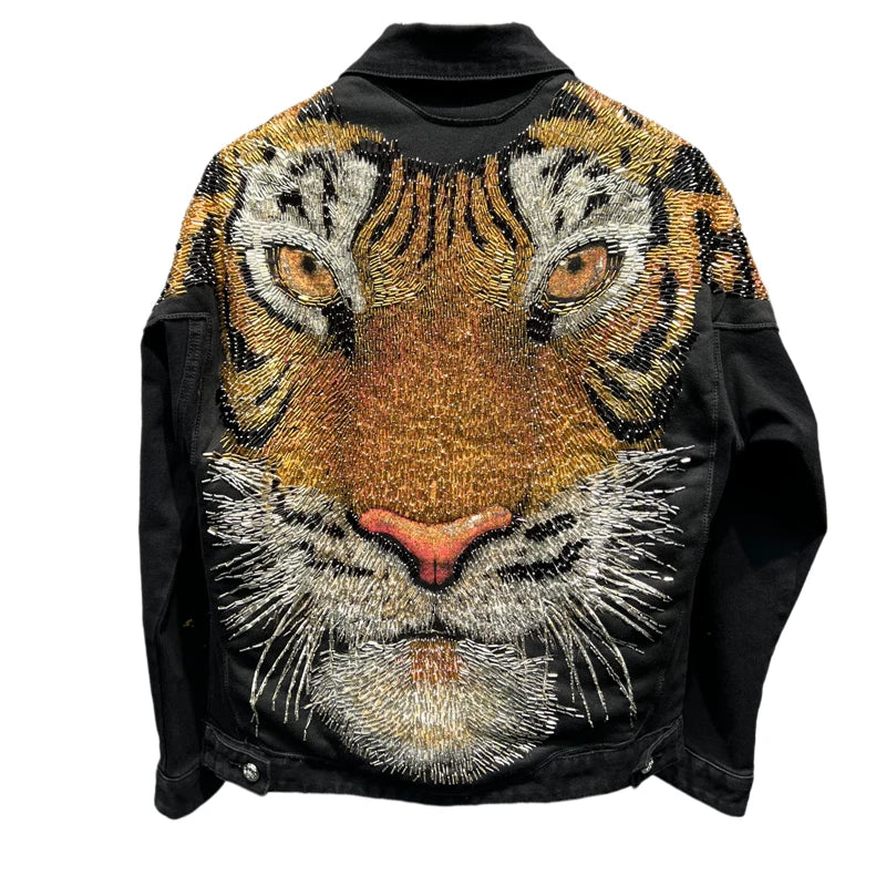 Fashion Tiger Beaded Denim Jacket Men's 2023 Autumn New European Goods  Jean Coats